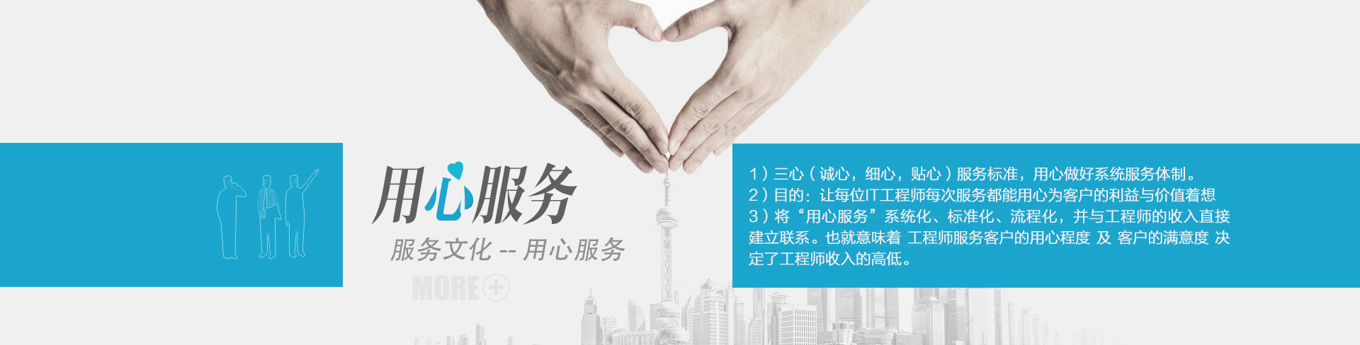 云爍快服的服務文化——用心服務。1）三心（誠心，細心，貼心）服務標準，用心做好系統(tǒng)服務體制。2）目的：讓每位IT工程師每次服務都能用心為客戶的利益與價值著想。3）將“用心服務”系統(tǒng)化、標準化、流程化，并與工程師的收入直接建立聯(lián)系。也就意味著工程師服務客戶的用心程度及客戶的滿意度決定了工程師收入的高低。